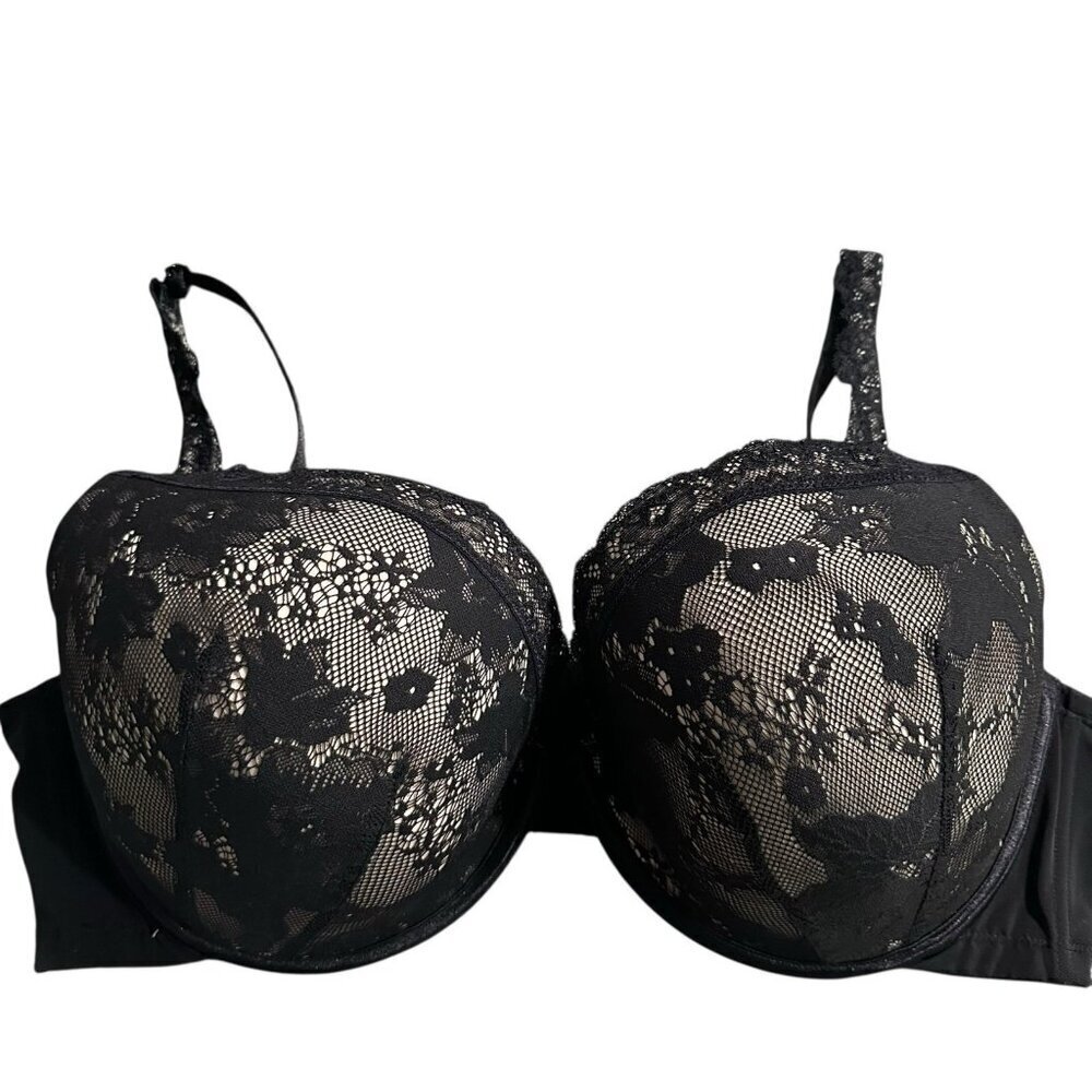 Cacique 46DD Bra Underwired Lined Black Floral Flower Lace Overlay Wide Straps
